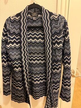 Chevron Open-Front Cardigan Sweater - Blue, Navy & White